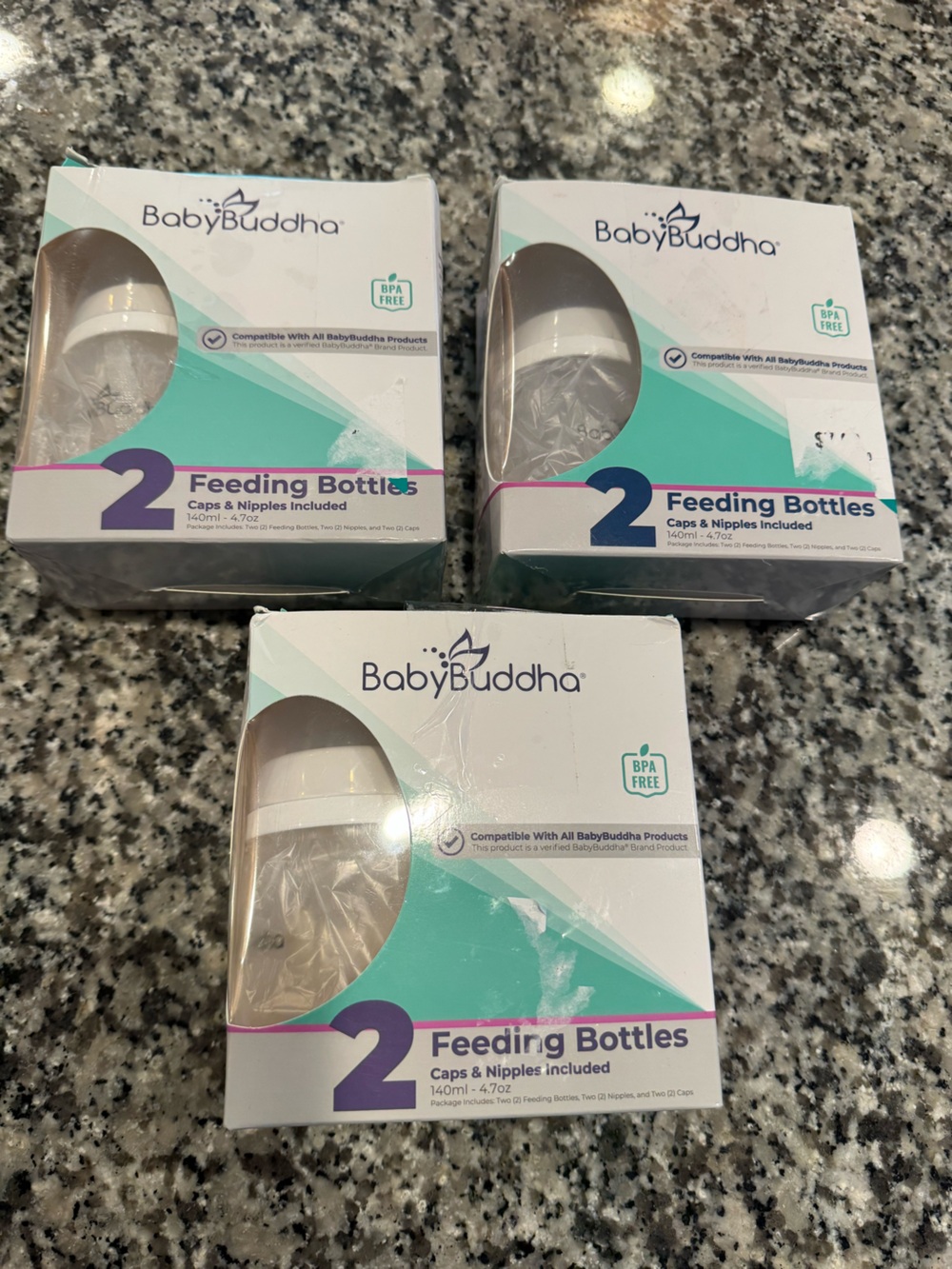 NEW 3 packs of 2 bottles. 6 BabyBuddha Feeding Bottles - Teal and White (2-Pack)
